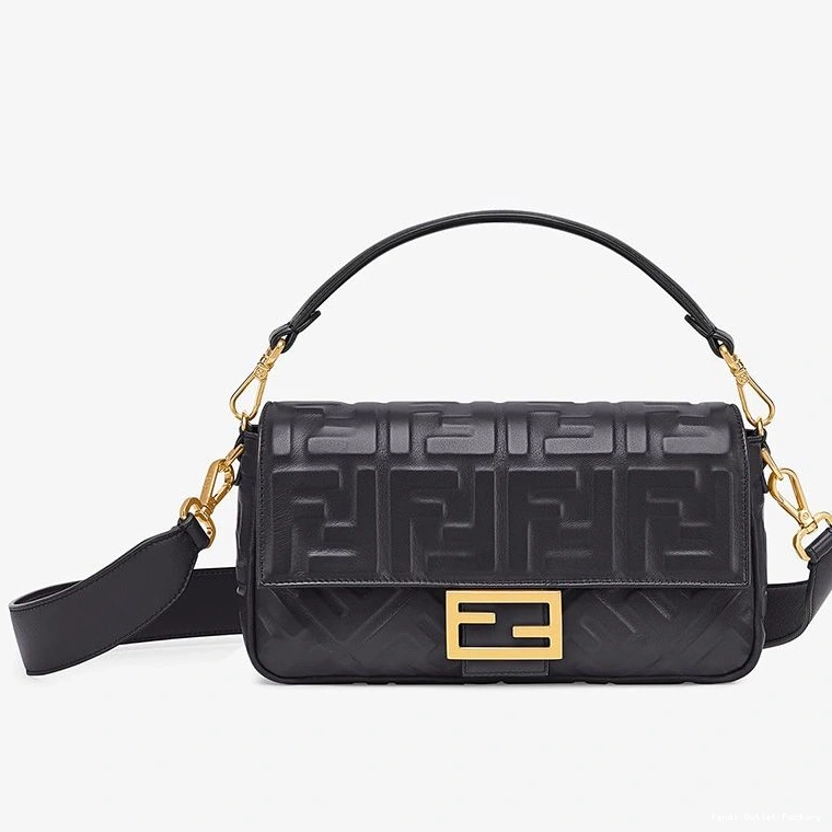 Cheap HOT Black Bag Medium In FF Motif Fendi Nappa Leather Baguette 0822